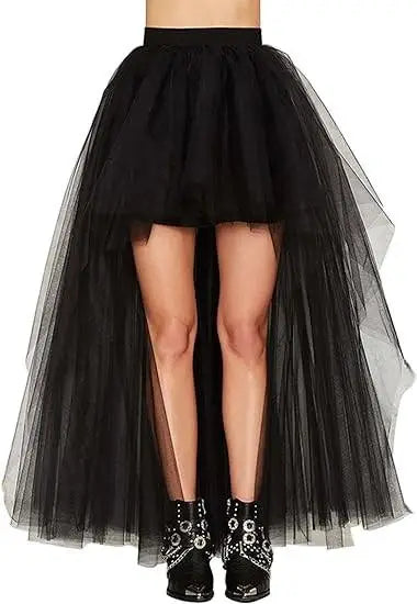 Women's High Low Tulle Skirt Black Swallowtail Gauze High Waist   Tutu Long Party Petticoat Casual Style Punk Goth Carnival
