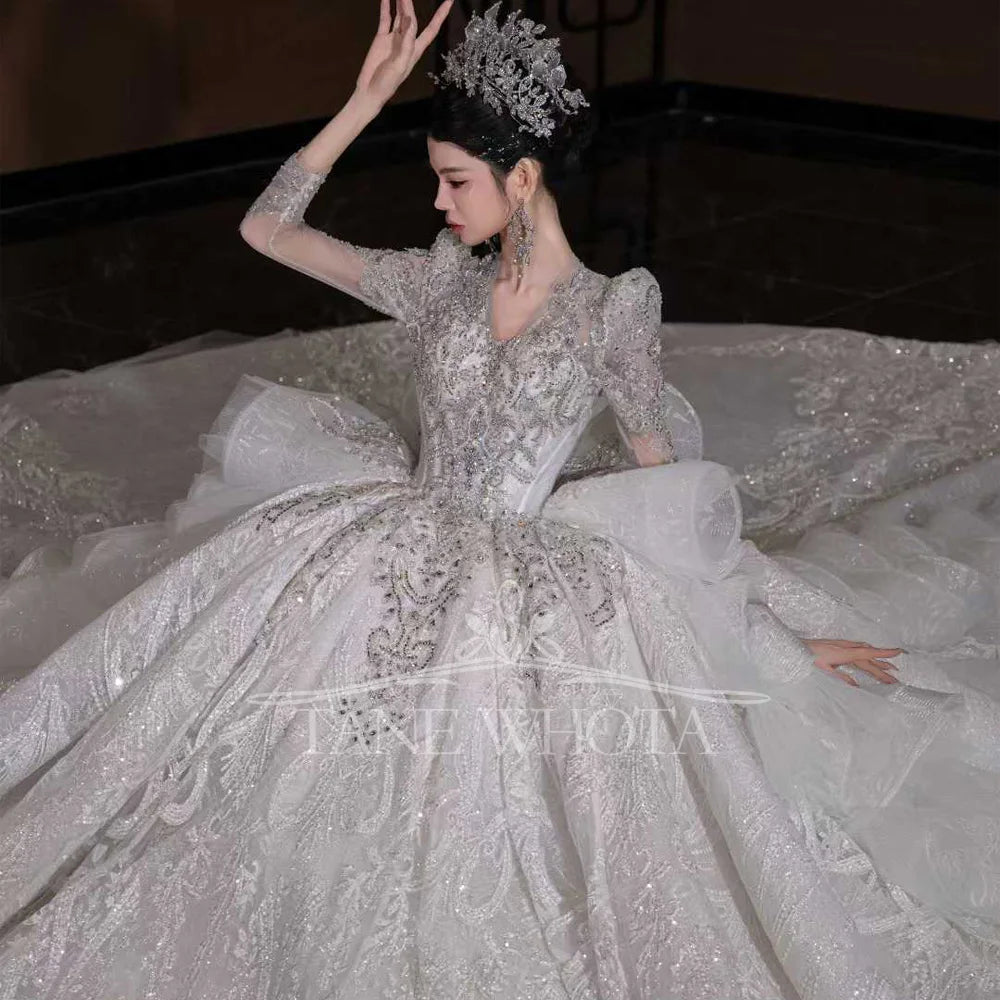 Luxury V Neck Wedding Dress Long Sleeves Lace Up Keyhole Back Embroidered Sequined Beading Customizable Encaje Vestido De Novia
