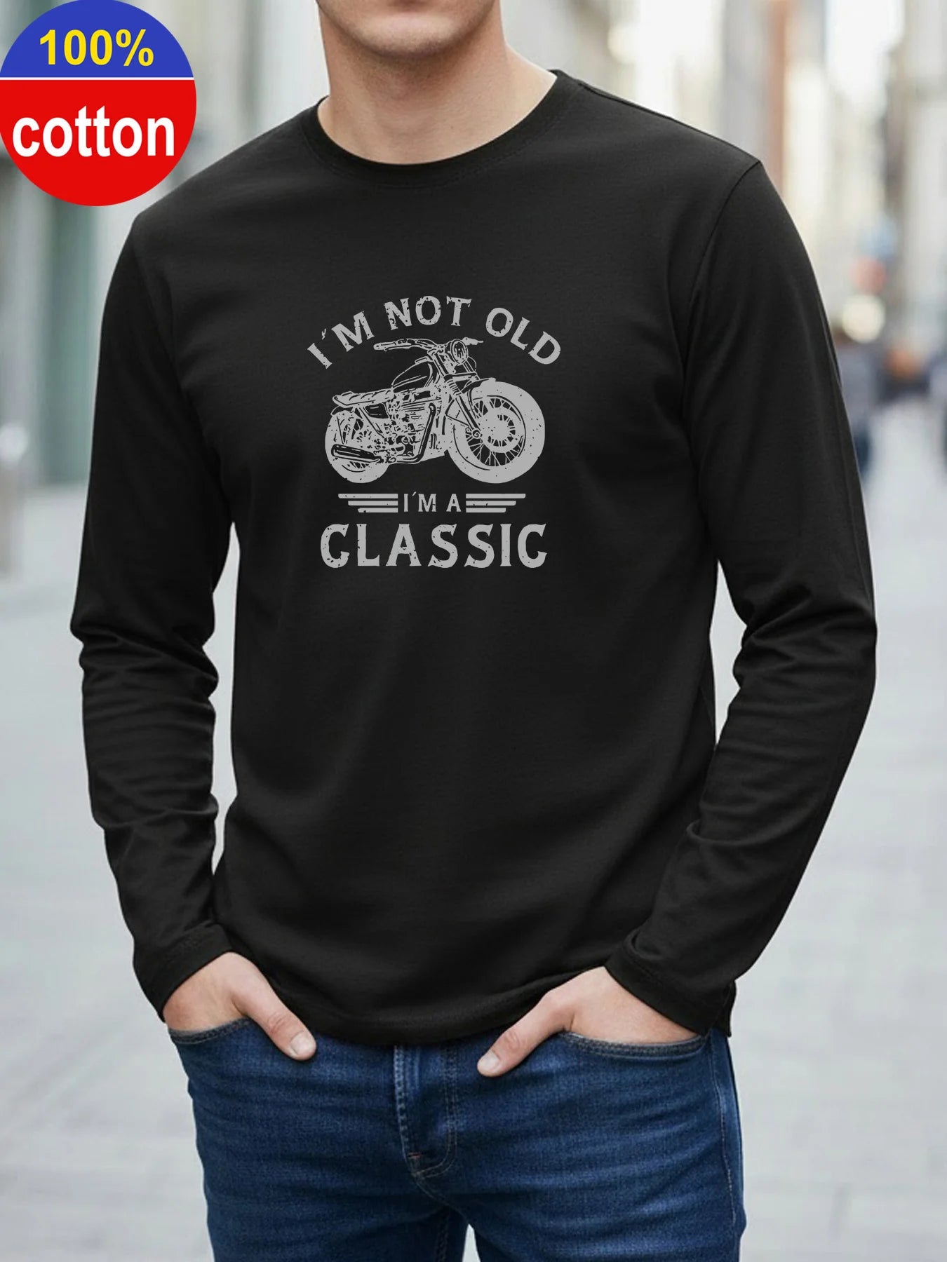 100% Pure Cotton Men's Long Sleeved Round Neck Loose Motorcycle Tpattern Printed Spring and Autumn Casual Versatile T-Shirt Top