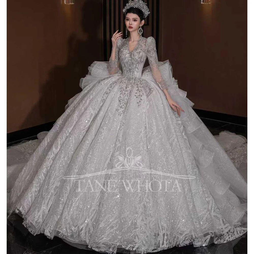 Luxury V Neck Wedding Dress Long Sleeves Lace Up Keyhole Back Embroidered Sequined Beading Customizable Encaje Vestido De Novia