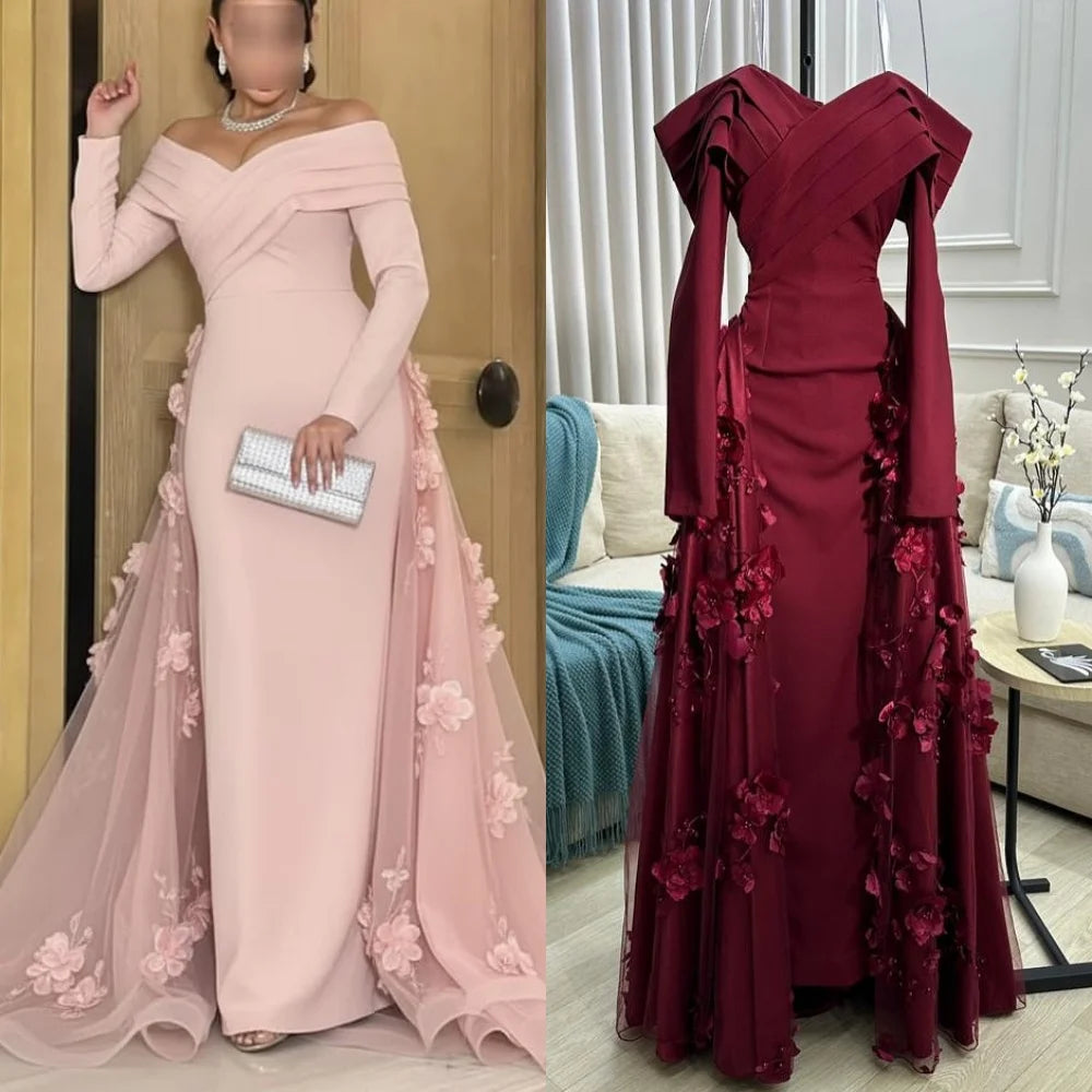 Customized Intricate Jersey Handmade Flower Beading Draped A-line Off-the-shoulder Long Dresses Bespoke Occasion Dresses Formal