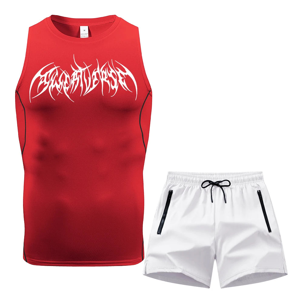 Men Compression Training Set Sleeveless Tank Top Wing Spiky Text Print Double Zipper Pocket Shorts Quick Dry Athletic Gym Suit