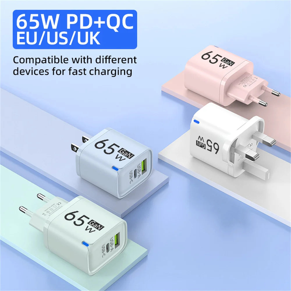 65W GaN Fast Charge Phone Charger For iPhone 14 13 Xiaomi Huawei Samsung Oneplus Fast Charging Mobile Phone Wall Power Adapter