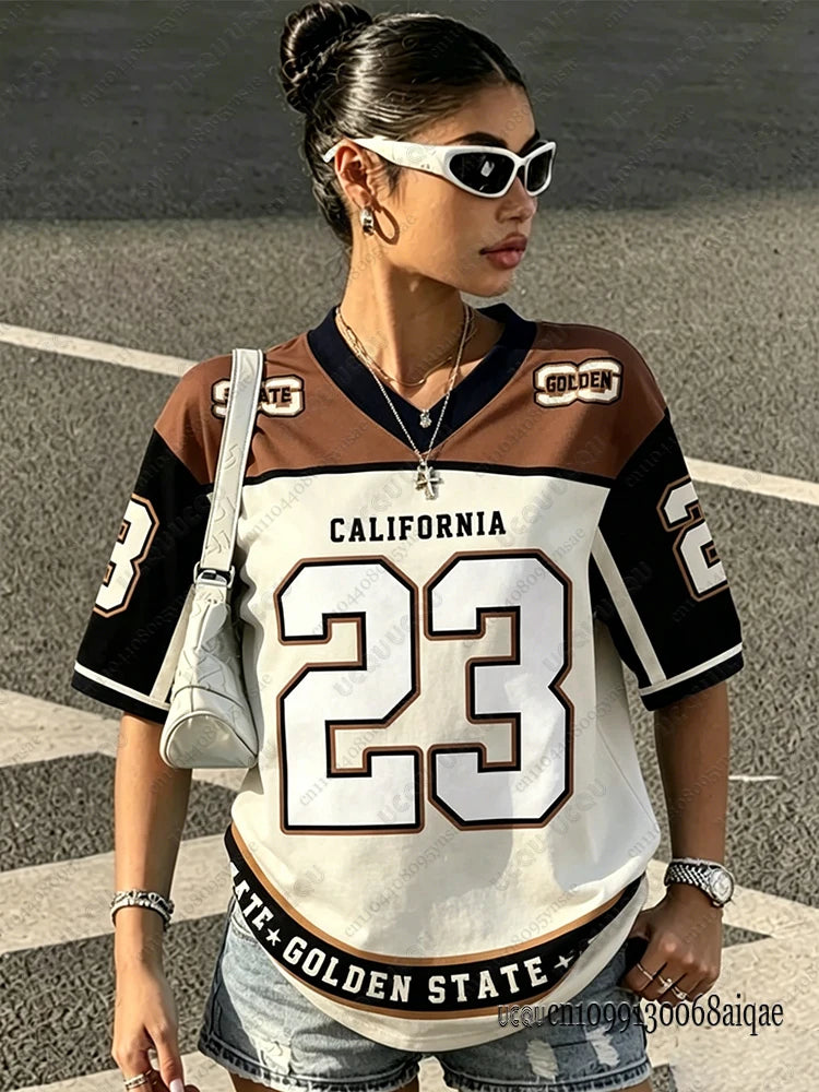 2026 Summer Black Speed 23 Printed T-Shirt For Women V-Neck Short Sleeve Sports Football Jersey Y2K Loose Oversized Tops