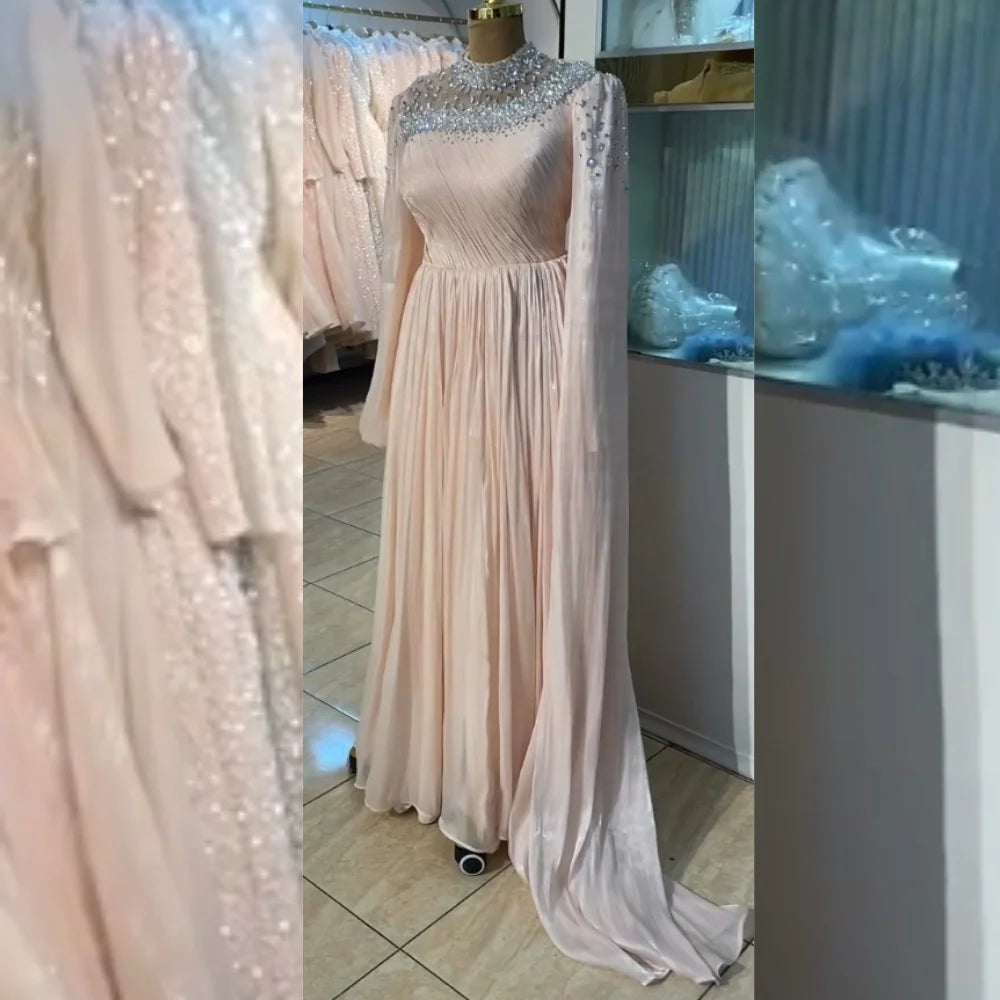 Customized Formal Casual Jersey Sequined PleatA-lineHigh Collar Long Dresses Bespoke Occasion Exquisite