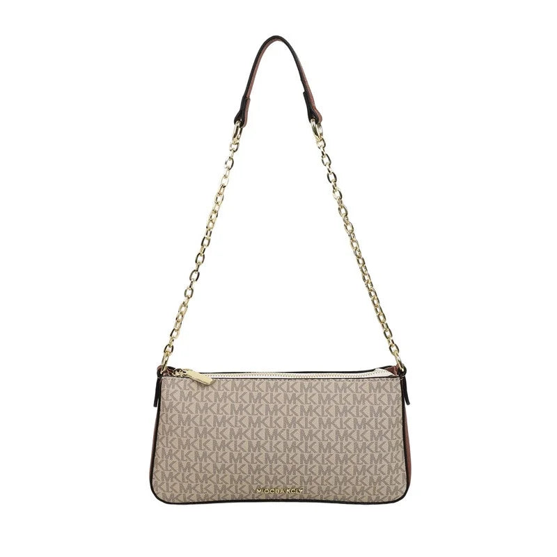 Sleek Monogram Print Handbag, Timeless Chain Strap Design with Clean, Modern Lines Polished Patterned Shoulder Bag