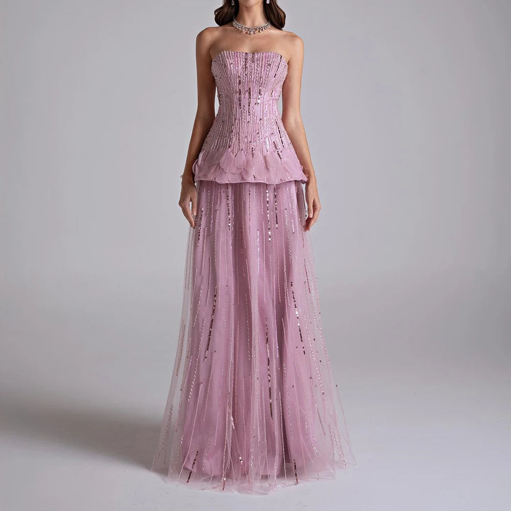 Customized A-line Evening Dresses Floor-length Strapless Sleeveless Prom Gown Fashion Sequined Simple Draped Backless Party Gown