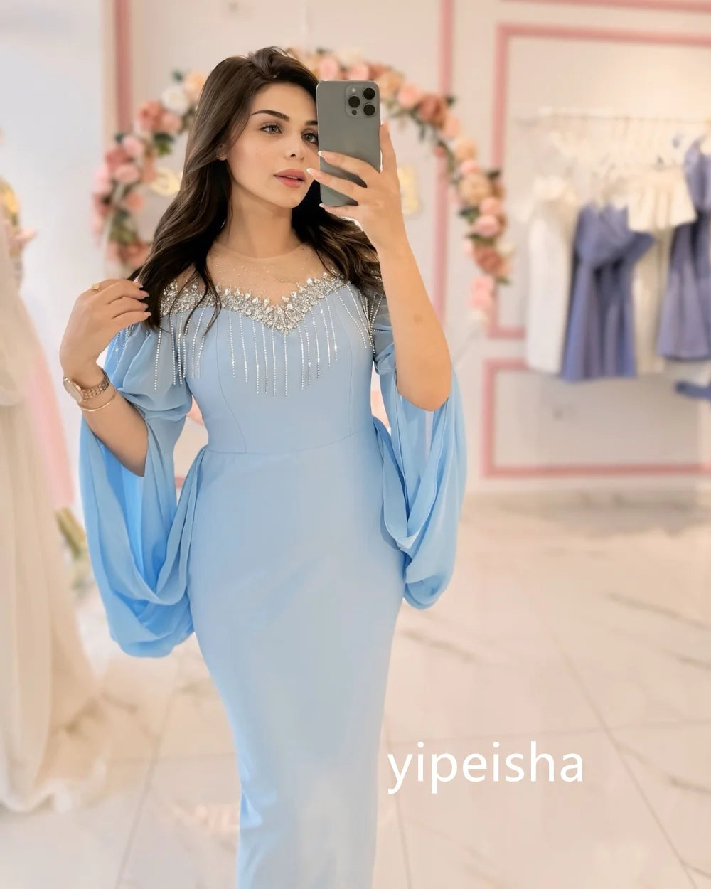 Customized Sizes Available Jersey Pleat Sequined Column Jewel Long Dresses Homecoming Dresses Exquisite Sexy Modern Style Classi