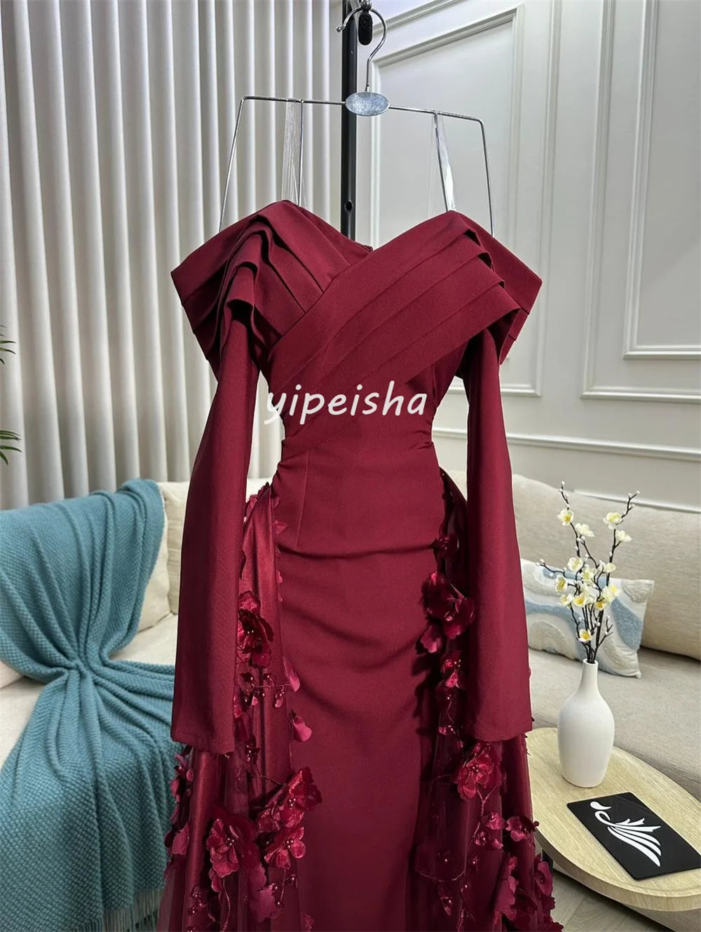 Customized Intricate Jersey Handmade Flower Beading Draped A-line Off-the-shoulder Long Dresses Bespoke Occasion Dresses Formal