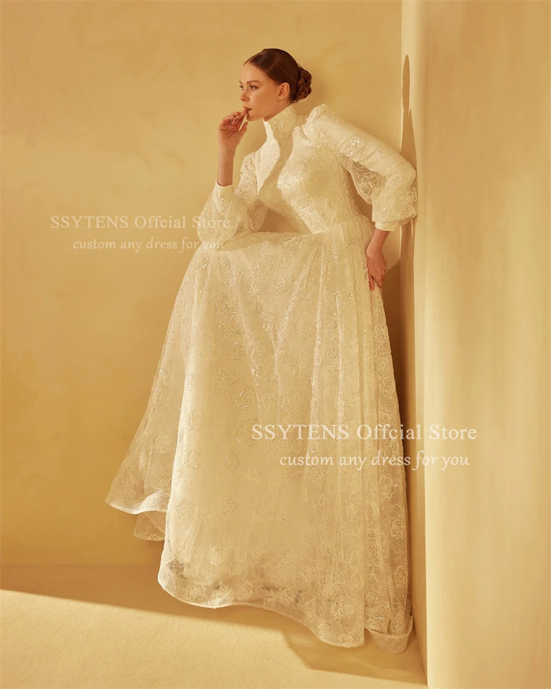 SSYTENS Glitter Sequined Full Lace Wedding Dresses High Neck Bride Dresses Women Long Bridal Gowns vestidos de novia Customized