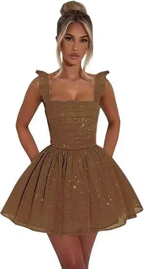 Sexy Tulle Homecoming Dress 2026 with Flutter Straps Square Neck A-Line Short Prom Dress Sparkly for Teens Graduation Mini Dress