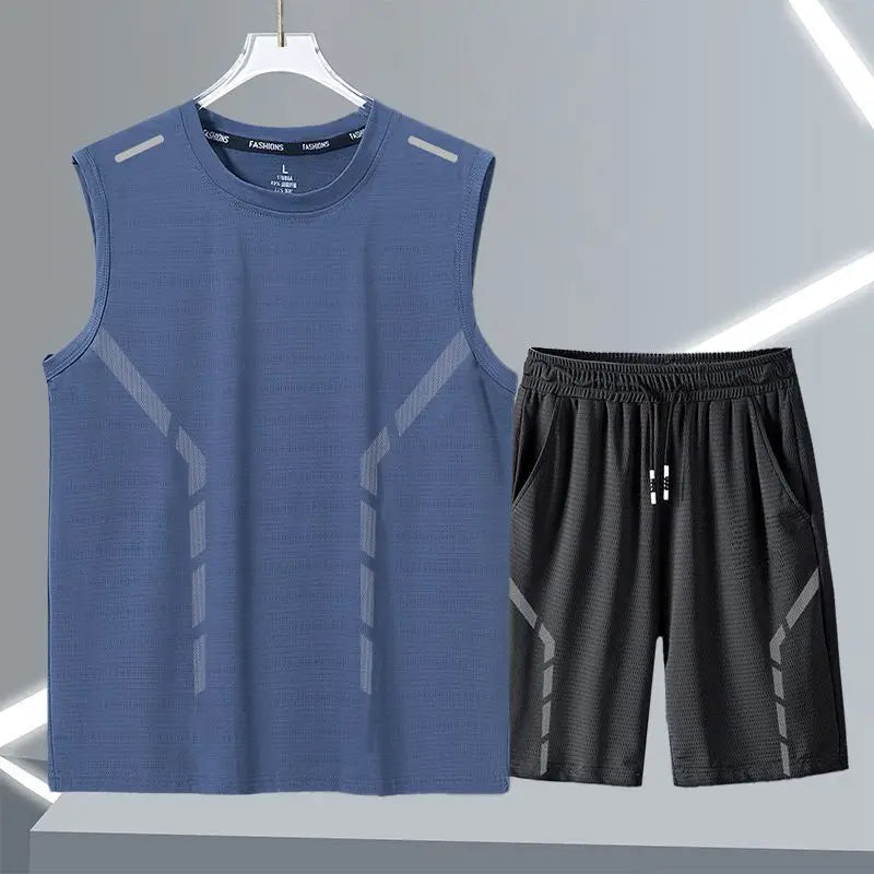 Men's Ice Silk Mesh 2-Piece Sleeveless T-Shirt and Shorts Casual Summer Set