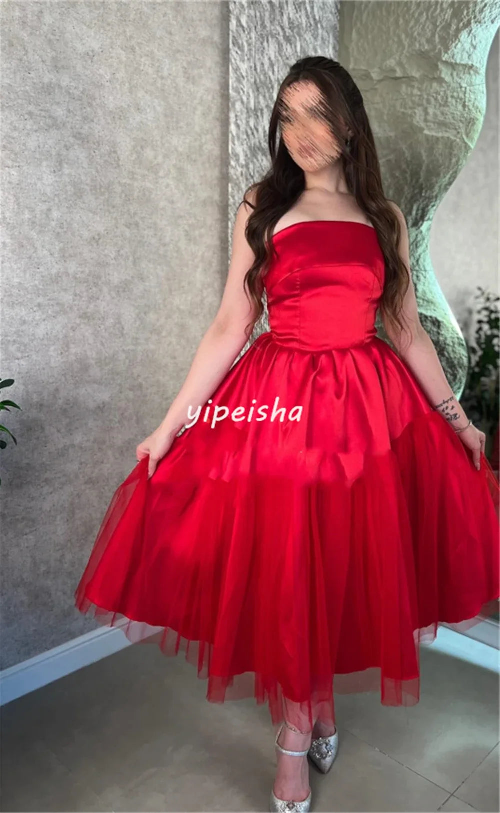 Customized Satin Pleat Wedding Party A-line Strapless Bespoke Occasion Gown Midi Dresses