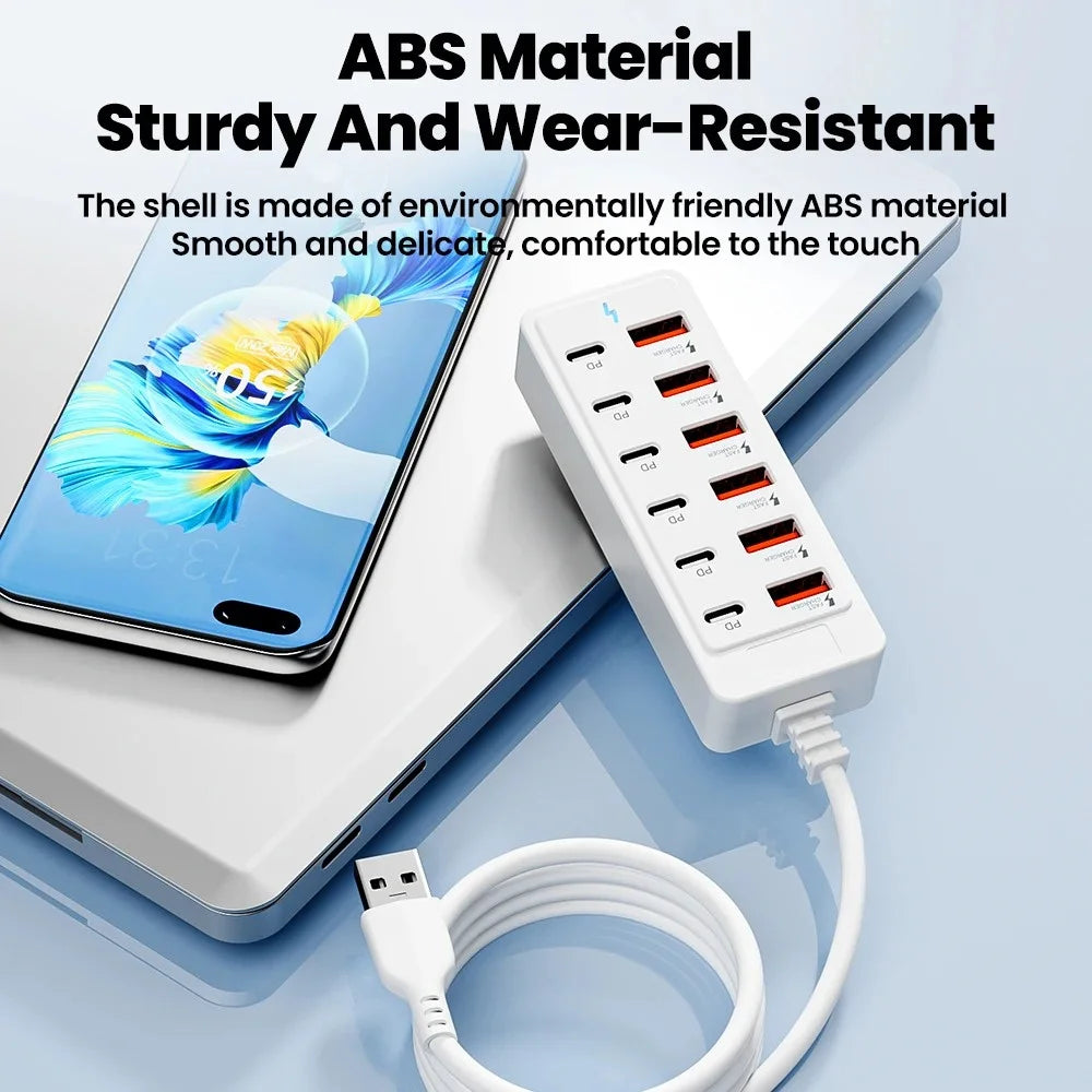 12 in 1 Power Strip Multi Port Fast Charger Station with USB C Desktop Wall Adapter Type C Hub for iPhone Samsung Home Office