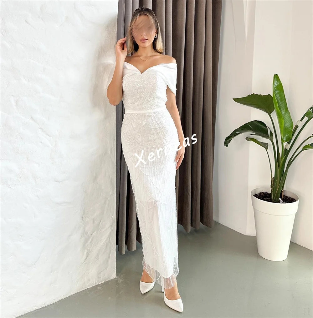 Customized Chiffon Sequined Beading Off-the-shoulder Straight Midi Dress Bespoke Occasion Engagement Woman Elegant Party Glitter