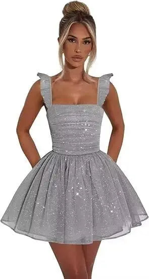 Sexy Tulle Homecoming Dress 2026 with Flutter Straps Square Neck A-Line Short Prom Dress Sparkly for Teens Graduation Mini Dress