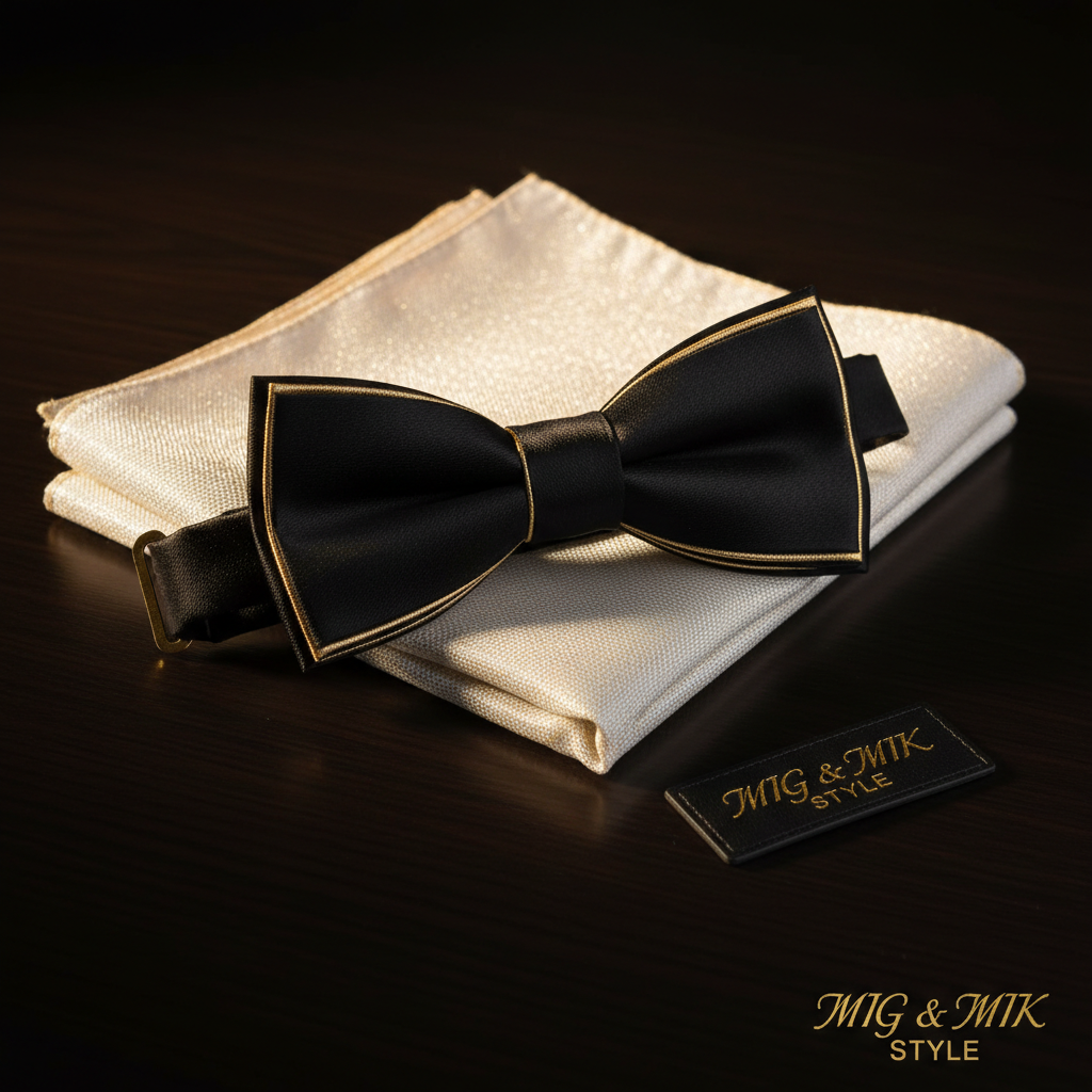 Luxury Wedding Bow Tie & Pocket Square Set – Black Gold Edition