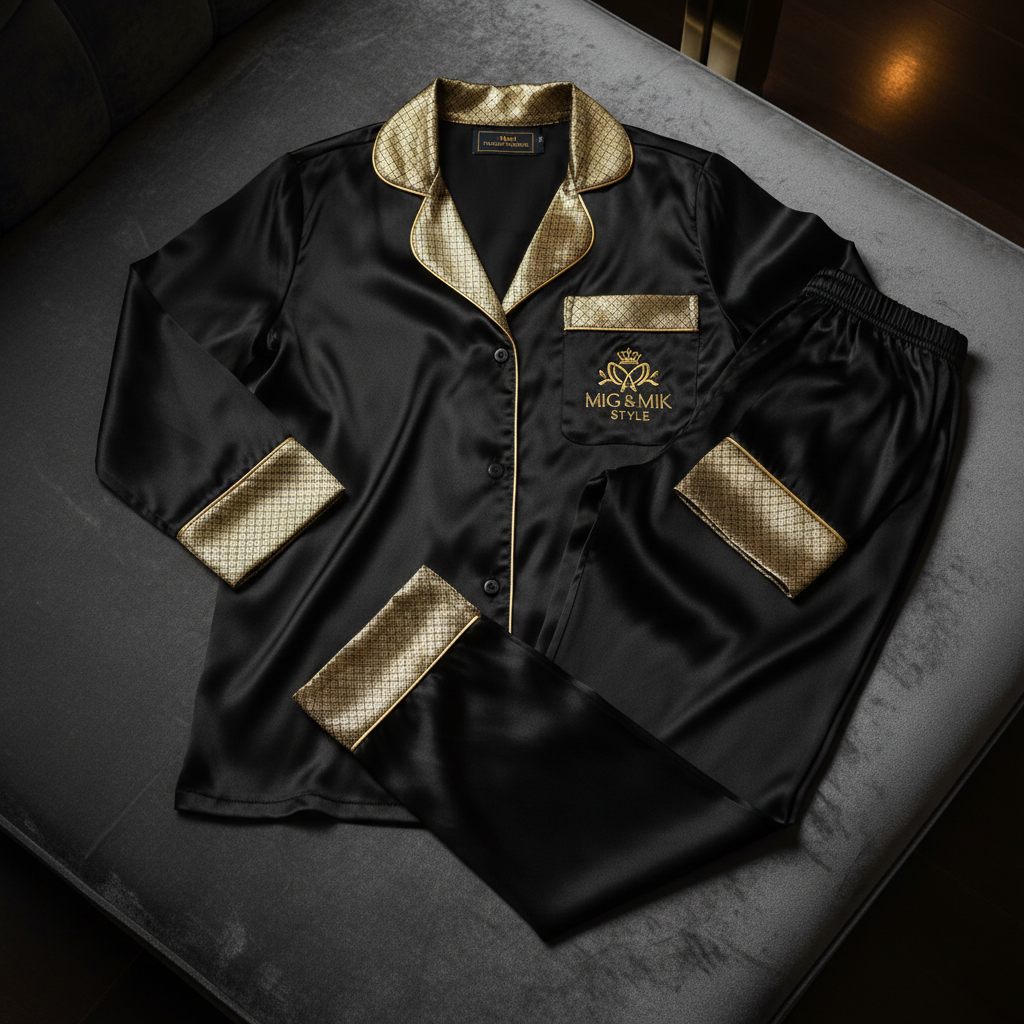 MIG & MIK STYLE Luxury Silk Pajama Set – Black Gold Edition