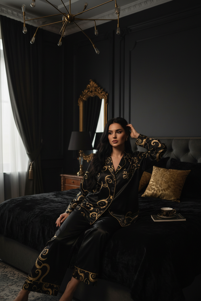 MIG & MIK STYLE Luxury Silk Pajama Set – Black Gold Edition