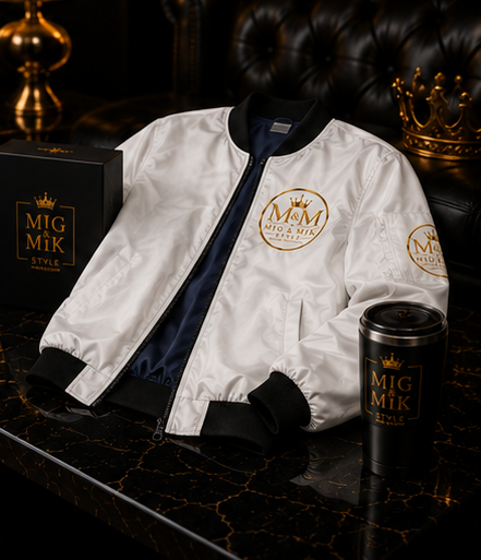 MIG & MIK STYLE Luxury Bomber Jacket – White Gold Edition