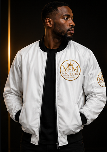 MIG & MIK STYLE Luxury Bomber Jacket – White Gold Edition