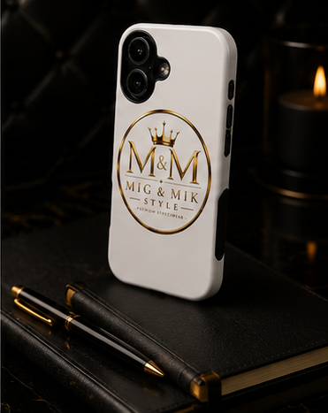 MIG & MIK STYLE Luxury Gold Logo Phone Case – White Signature Edition