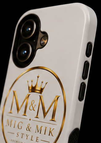 MIG & MIK STYLE Luxury Gold Logo Phone Case – White Signature Edition