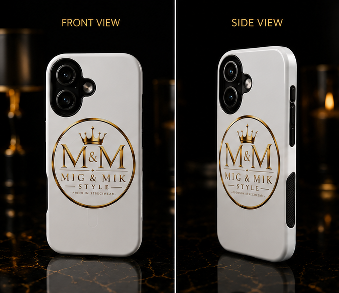 MIG & MIK STYLE Luxury Gold Logo Phone Case – White Signature Edition