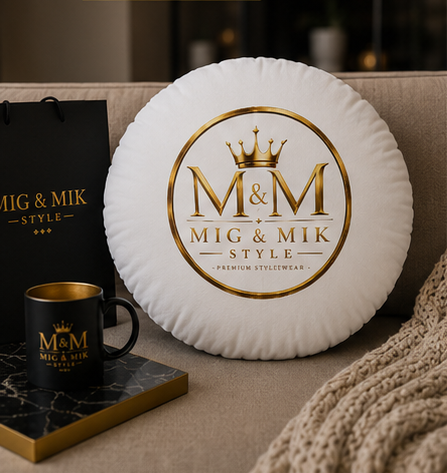 Round Tufted Floor Pillow — Gold "M & M Mig & Mik Style" Logo Cushion