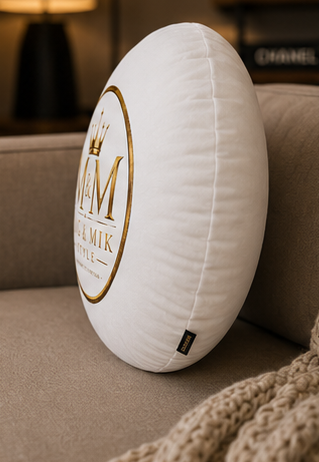 Round Tufted Floor Pillow — Gold "M & M Mig & Mik Style" Logo Cushion