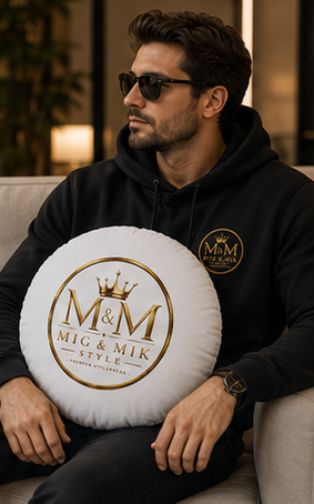 Round Tufted Floor Pillow — Gold "M & M Mig & Mik Style" Logo Cushion