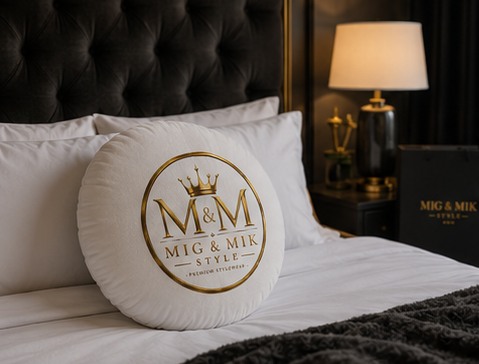 Round Tufted Floor Pillow — Gold "M & M Mig & Mik Style" Logo Cushion