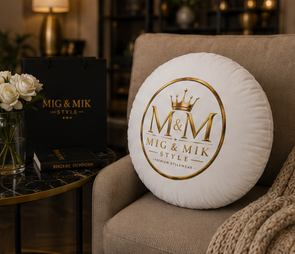Round Tufted Floor Pillow — Gold "M & M Mig & Mik Style" Logo Cushion