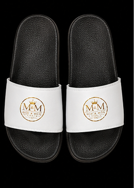 Women's Removable-Strap Sandals — White Slide Sandals with Gold Emblem