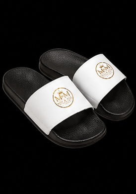 Women's Removable-Strap Sandals — White Slide Sandals with Gold Emblem