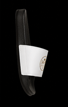 Women's Removable-Strap Sandals — White Slide Sandals with Gold Emblem