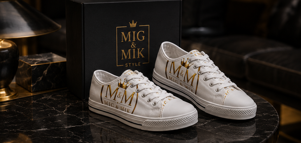 Low Top Sneakers — Elegant Gold Monogram "M&M" Canvas Shoes for Women